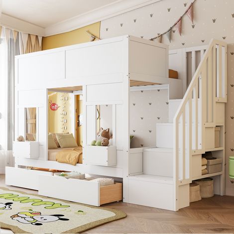 Letto a soppalco per bambini in legno bianco, 90x200 cm, con scaletta contenitore, cassetti e sponde di sicurezza.