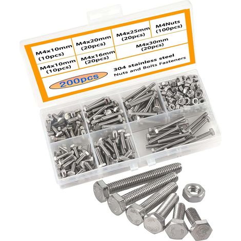 M4 Vis et Écrous 304 Vis Inox Visserie Tête Hexagonale Assortiment Boulon Ecrou Vis et Écrous Assortiment Kit 200pcs (1/5)