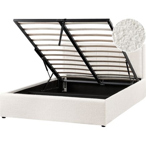Cama con almacenaje elevable tapizada de bouclé blanco 140 x 200 cm Montlaur (1/5)