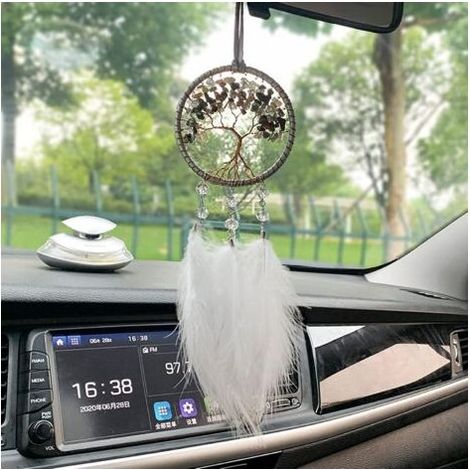 Dream Catcher Voiture Intérieur Rétroviseur Charms avec Cristal Pierre Arbre de Vie Petit Dream Catchers Voiture Pendentif Accessoires Suspendus (Blanc) (1/5)