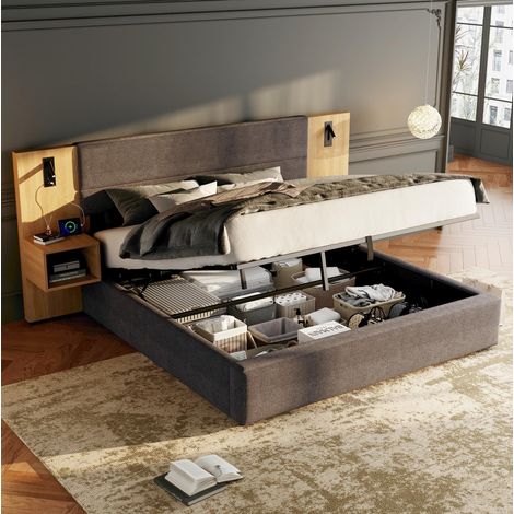 Lit double adulte 160x200 cm en velours gris et bois naturel, rangement pour chambre FloraGrace (1/5)