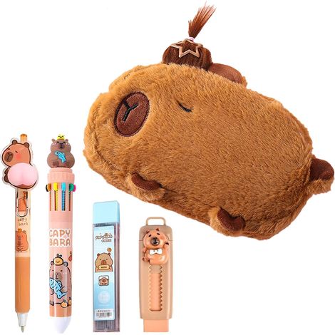 Trousse Capybara Mignonne - Ensemble de papeterie marron avec décorations tendance, grande trousse, 10 stylos et crayons de couleur - le choix idéal pour les enfants et les élèves (1/5)