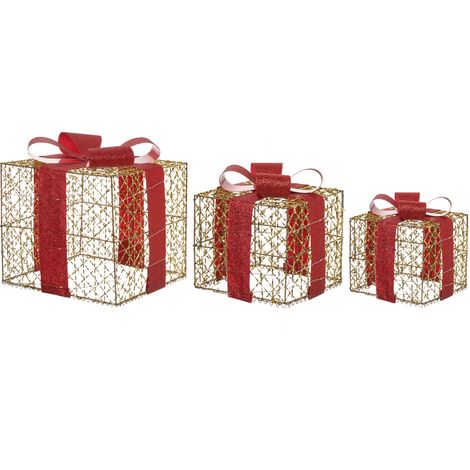 Conjunto de 3 decoraciones regalos de Navidad con luces LED blancas cálidas acabado brillante con lazos para interior dorado Lyseren (1/5)
