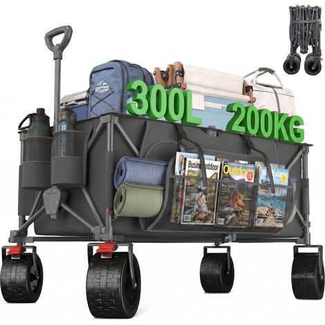 300L Chariot de Plage Maximum 200KG Chariot de Jardin,Diable Pliant avec Freins,Chariot Pliable Poignée Réglable,Brouette Jardin,Chariots à la Plage Chariots de Transport pour Le Camping Gris