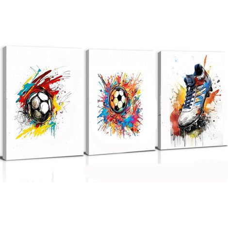 Lot de 3 posters aquarelle de football pour chambre d'enfant garçon,Tableau mural avec cadre Poster Chambre D'enfant,Décoration Murale de Salon pour chambre de garçon (12x16inch,le football) (1/5)