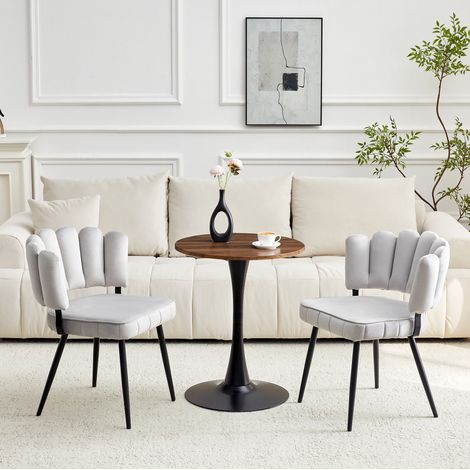 Ensemble table ronde 60 cm en MDF et 2 chaises gris clair, dossier pétale, pieds métal noirs (1/5)