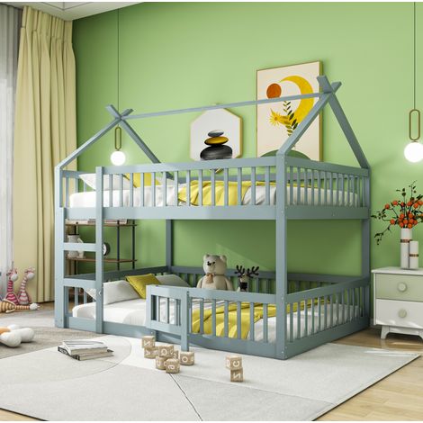 Kinder-Etagenbett 140x200 cm grau aus Holz mit Treppe, Hochsicherheitszaun und Spielbereich (1/5)