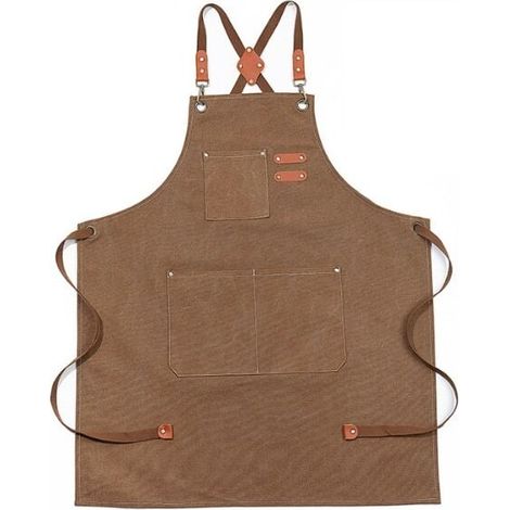 x braune, verbesserte, wasserdichte Denim-Latzschürze, verstellbare Denim-Schürze mit Taschen und Kreuzlatz (1/4)