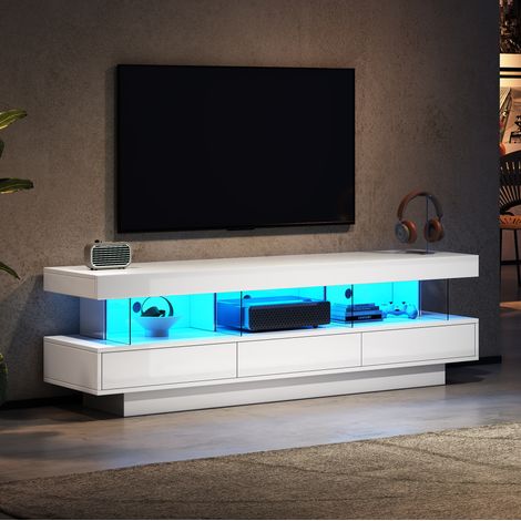 Mobile TV 160x38x50.5 cm bianco lucido in truciolare con 3 vani in vetro e illuminazione LED Bluetooth (1/5)