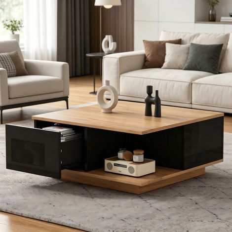 Tavolo da caffè in truciolato 70 x 70 x 31,5 cm nero e legno, con 3 cassetti e vano aperto (1/5)