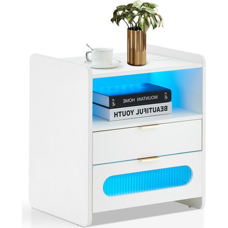 Bedside Tables with LED Lights, 2 Drawers Bedside Table with Charging Station and Open Shelf, Modern Storage Nightstand Cabinet for Bedroom Living Room