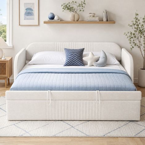 CHICFURN Sofá cama 90/180x190 cm de lino beige convertible con somier de láminas, sin colchón (1/5)