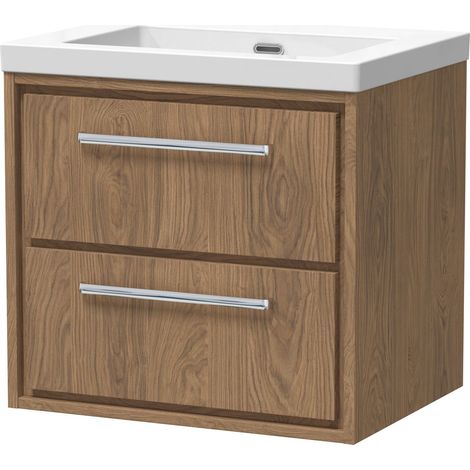 Longnor 2 Drawer Wall Hung Vanity Unit with 1 Tap Hole Modern Fireclay Basin, Antique Oak, 600mm