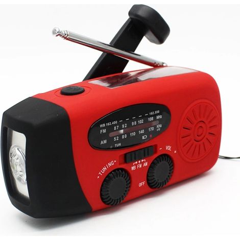 Filiyano – lampe torche et batterie – Radio à manivelle avec cellules solaires, lampe torche et batterie externe 2000 MAH rouge SOS EU[co] (1/5)