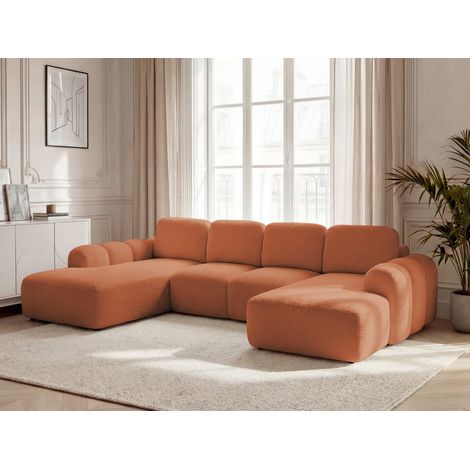BOBOCHIC - Canapé panoramique convertible coffre MONTAIGNE tissu bouclette Angle droit  Orange