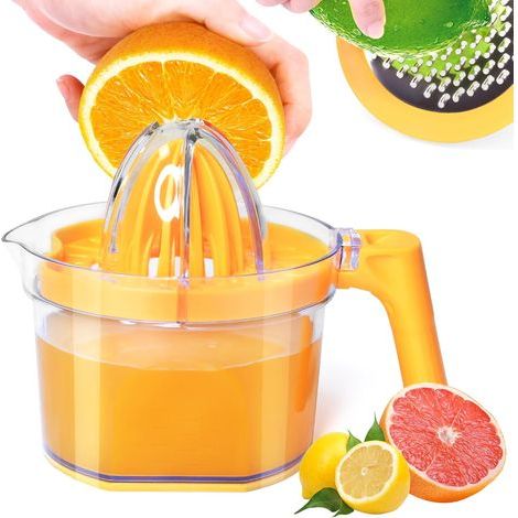 Presse-agrumes 4 en 1 - Presse-citron manuel, presse-orange multifonctionnel, presse-citron vert, presse-agrumes avec poignée ergonomique amovible, capacité de 500 ml (orange).