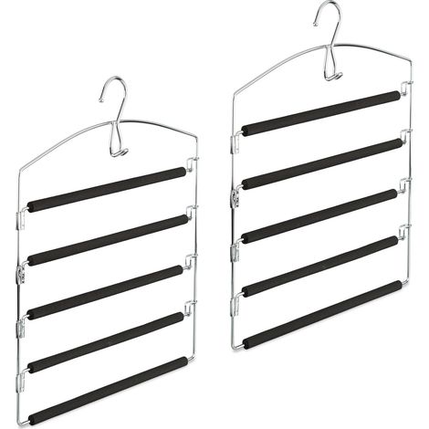 2 perchas para pantalones, ahorro de espacio, metal acolchadas, 44,5 x 37 x 2,7 cm, plata/negro