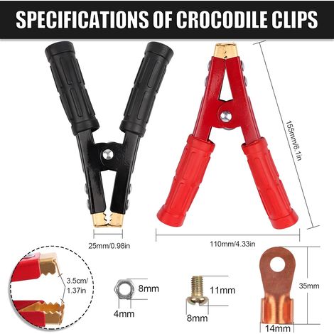 JatilEr Lot de 2 Pinces Crocodiles Grandes Pinces Crocodiles de 1000 A - en cuivre Pur - avec Gaine Isolante pour câble de Batterie de 16 à 35 mm²
