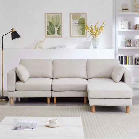 Sofá chaise longue 3 plazas con puff beige OKMYHOME (1/5)