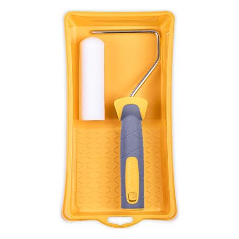 HARDY WORKING TOOLS Set peintre, rouleau de couleurs, recipient et rouleaux de peinture en mousse, Hauteur des poils 7mm, Longueur 11cm, Diametre 35mm, jaune-blanc-gris, A0180-117000 (1/5)