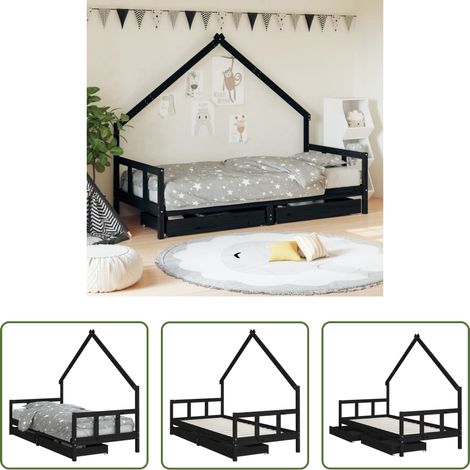 vidaXL Kieferbett - Kinderbett mit Schubladen Schwarz 90x200 cm Massivholz Kiefer (1/5)