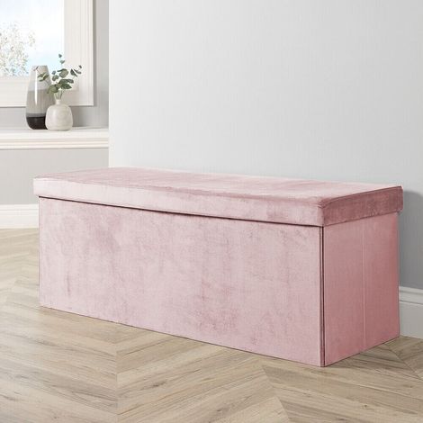 Extra Large Folding Ottoman Pink Velvet Fabric Space Saving Storage Chest Box (1/5)