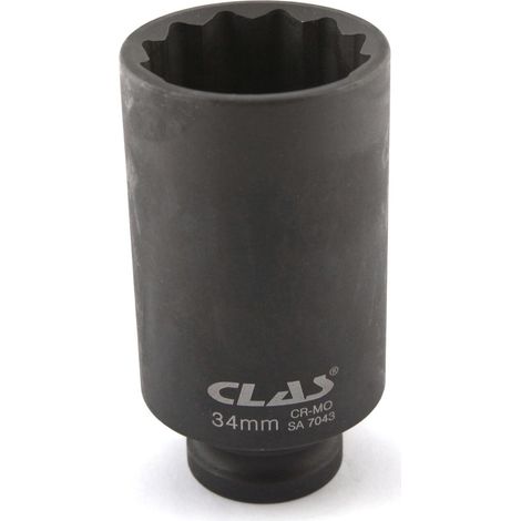 Douille choc ecrou moyeu vag 12 pans 34mm 1/2" l.85mmDouille à choc écrou moyeu VAG 12 pans 34mm 1/2" L.85mm Cr-Mo - SA 7043 - CLAS Equipements