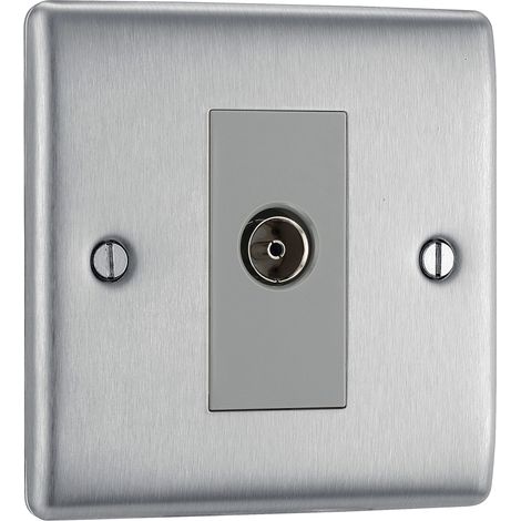 Prise électrique simple coaxiale en acier brossé avec insert gris (1/5)