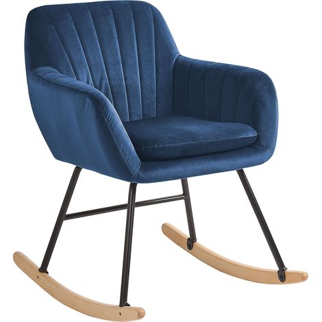 Silla mecedora de terciopelo azul oscuro patas de metal patines de madera estilo moderno Liarum
