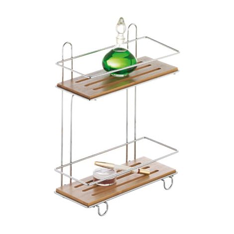 Estantería de baño con 2 baldas, bambú, bonja, cromo, brillo (1/2)