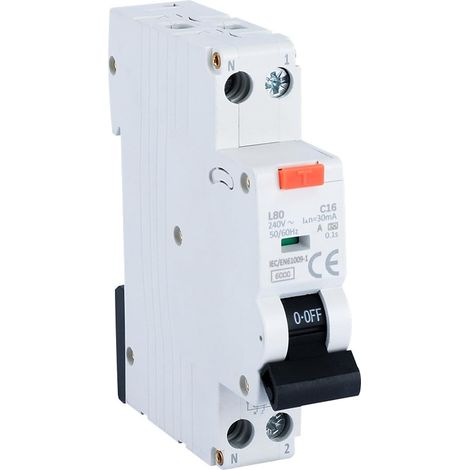 Disjoncteur Différentiel FI, Disjoncteur Différentiel Magnétothermique RCBO 30mA, Disjoncteur 1P+N C16 16A Avec Protection Différentielle, 230V, Type A, Montage sur Rail DIN, Courbe C (1/5)
