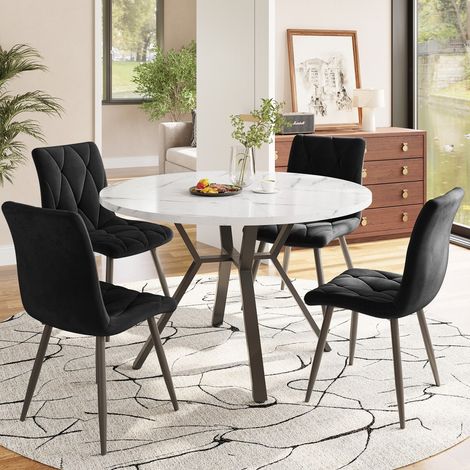 Ensemble table et chaises 5 pièces – Table ronde moderne en MDF marbré – 4 chaises ergonomiques en velours noir – Hauteur 75 cm (1/5)