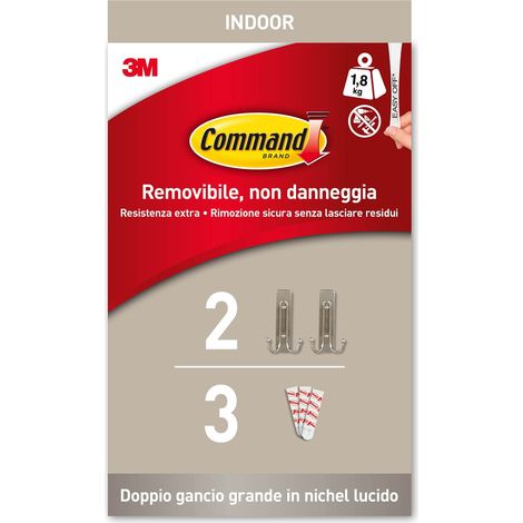 Command Gancio Adesivo Metallico Doppio in Nichel Spazzolato Grande, 2 Ganci e 3 Strisce- Appendi Abiti, Cappelli, Borse e Altro da Parete o Porta senza Chiodi (1/5)
