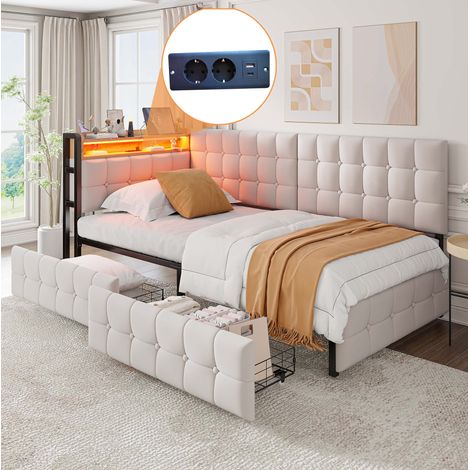 Lit enfant banquette 90x200cm beige en tissu avec LED, USB et 2 tiroirs de rangement (1/5)