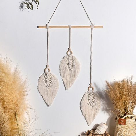 Arazzo da parete in macramè bohémien, arazzo da parete in macramè con piume, decorazione da parete in macramè per camera da letto, soggiorno, dormitorio, decorazione per esterni, 45 x 90 cm (beige), s (1/5)