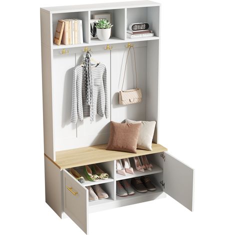 ELVMI Mobile da ingresso con 2 Ante, 4 Ganci e Panca contenitore per Ingresso in MDF e Pannelli, 105 × 40 × 180 cm, Naturale e Bianco (1/5)