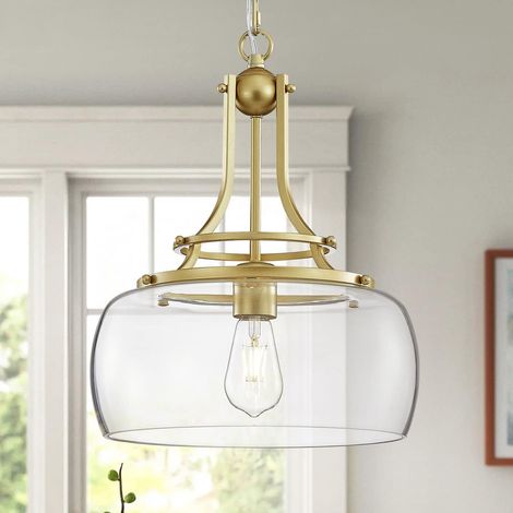 Lustre Rustique Ferme Industrielle Plafond Rond Suspendu LED luminaire avec Stores en Verre Clair pour Salle à Manger Cuisine îlot Hall d’entrée, h 43 x w 34, Base e27, Or (1/5)