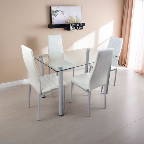 Dining Table and 4 Chairs White Clear Glass Table 4 White Leather Chairs Dining Room (1/5)