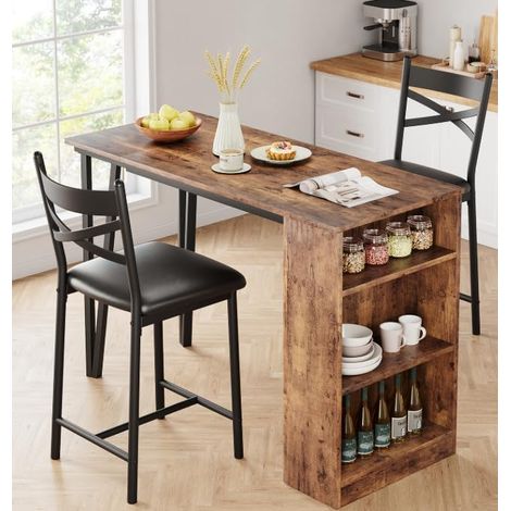 Ensemble Table de Bar Extensible 3 Pièces avec 2 Tabourets, Table Haute avec Rangement, Assises PU Rembourrées, Structure Acier et MDF, Marron