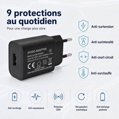 Chargeur Usb Secteur - 5V 2A 10W - Pour Smartphone Et Appareils Usb - Compact Eu - Noir (1/5)