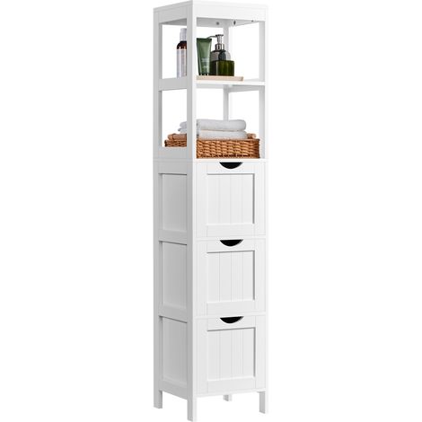 Yaheetech Mobile Bagno Design Compatto Cassettiera Mobiletto Armadietto Alto Colonna 30 × 30 × 142 cm con 3 Cassetti e 2 Scomparti Aperti per Soggiorno Cucina Salotto Bianco (1/5)