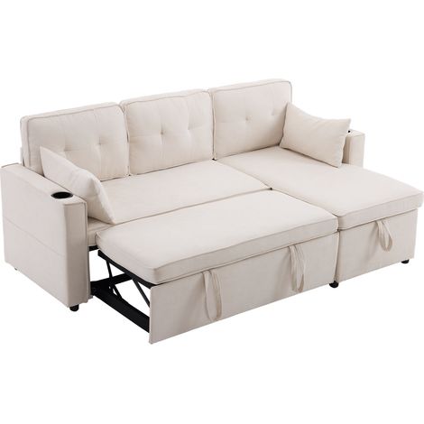 Sofá cama en L con almacenamiento, tapizado beige, 3 plazas, HOMVRA (1/5)