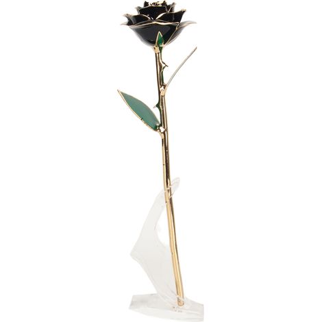 Rose dorée à la feuille d'or 24 carats, finition or rosé, décoration avec support pour mariage ou anniversaire, noir. (1/5)