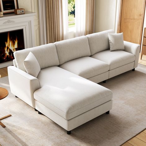 Canapé d'angle effet nuage 3 places 256x137x79 cm, canapé modulable convertible avec grande méridienne, couchage 90 cm, chenille, Beige (1/5)