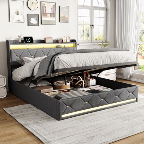 lit coffre 140x200cm, lit 140x200 avec rangement, Sommier à Lattes, LED réglable, Chargement USB, avec levier hydraulique, Gris, lin