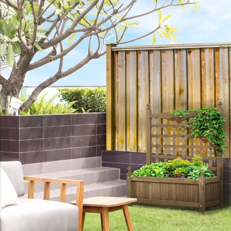 Macetero con enrejado, jardinera elevada, 64 x 28 x 75 cm, con sistema de riego integrado, madera maciza.
