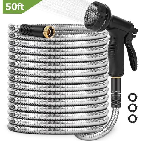Tuyau d'arrosage en acier inoxydable de 15 m (50 pi), robuste et léger, anti-torsion, avec buse de pulvérisation à 10 fonctions (1/5)