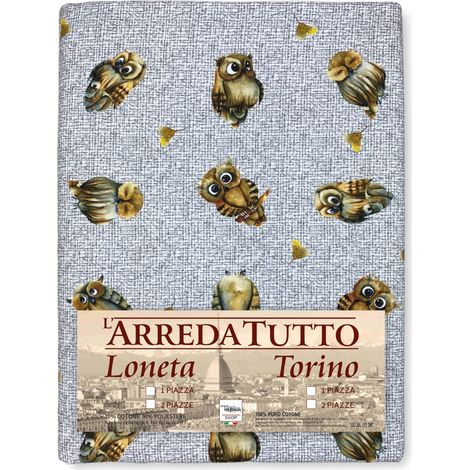 TELO ARREDO copritutto GRAN FOULARD COPRILETTO copridivano tessuto DIGITY GUFI gufetti grigio in puro cotone 1 PIAZZA