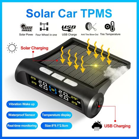 (Noir) Système de surveillance de la pression des pneus avec capteurs solaires pour véhicules, affichage en temps réel et alarme de température. (1/5)