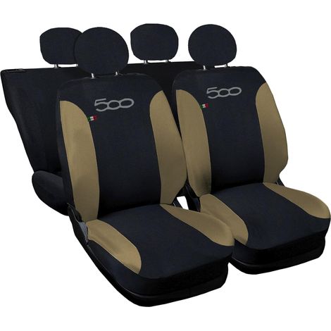 Lupex shop - Coprisedili Auto Compatibili per 500, Made In Italy, set di copri sedili anteriori e posteriori con copri poggiatesta incluso, New, tessuto poliestere, Nero - Beige